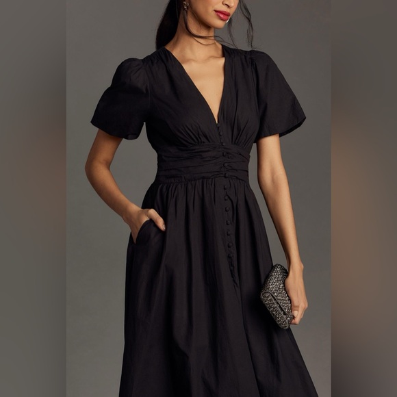 NWOT Anthropologie Katerina Button-Front Midi Dress Black - Picture 2 of 16